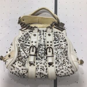 Versace White Crystal & Stud Embellished Satchel